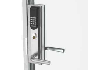 Låslösning för ramfri glasdörr med ASSA Aperio och RG-470 låskassett